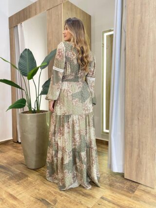 Vestido Feminino Liz Longo sem Bojo Manga Longa Estampado Verde - Fernanda Ramos Store