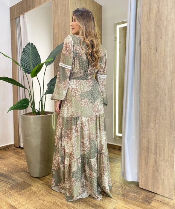 Vestido Feminino Liz Longo sem Bojo Manga Longa Estampado Verde - Fernanda Ramos Store