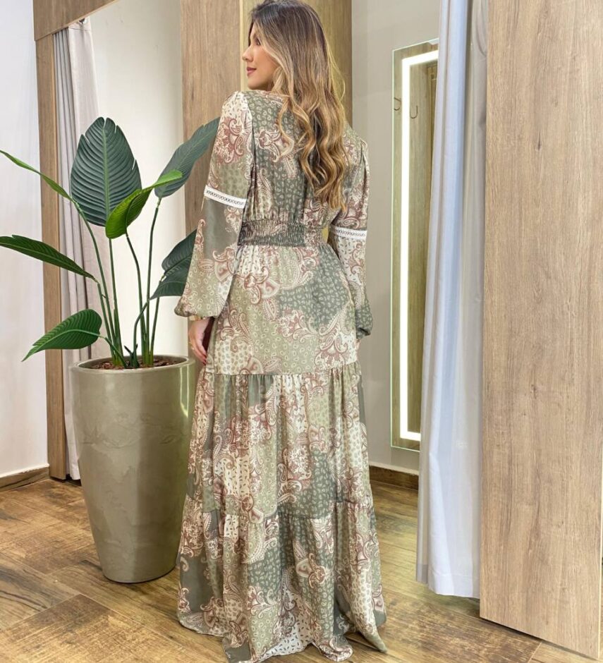 Vestido Feminino Liz Longo sem Bojo Manga Longa Estampado Verde - Fernanda Ramos Store