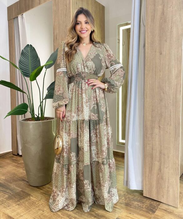 Vestido Feminino Liz Longo sem Bojo Manga Longa Estampado Verde - Fernanda Ramos Store