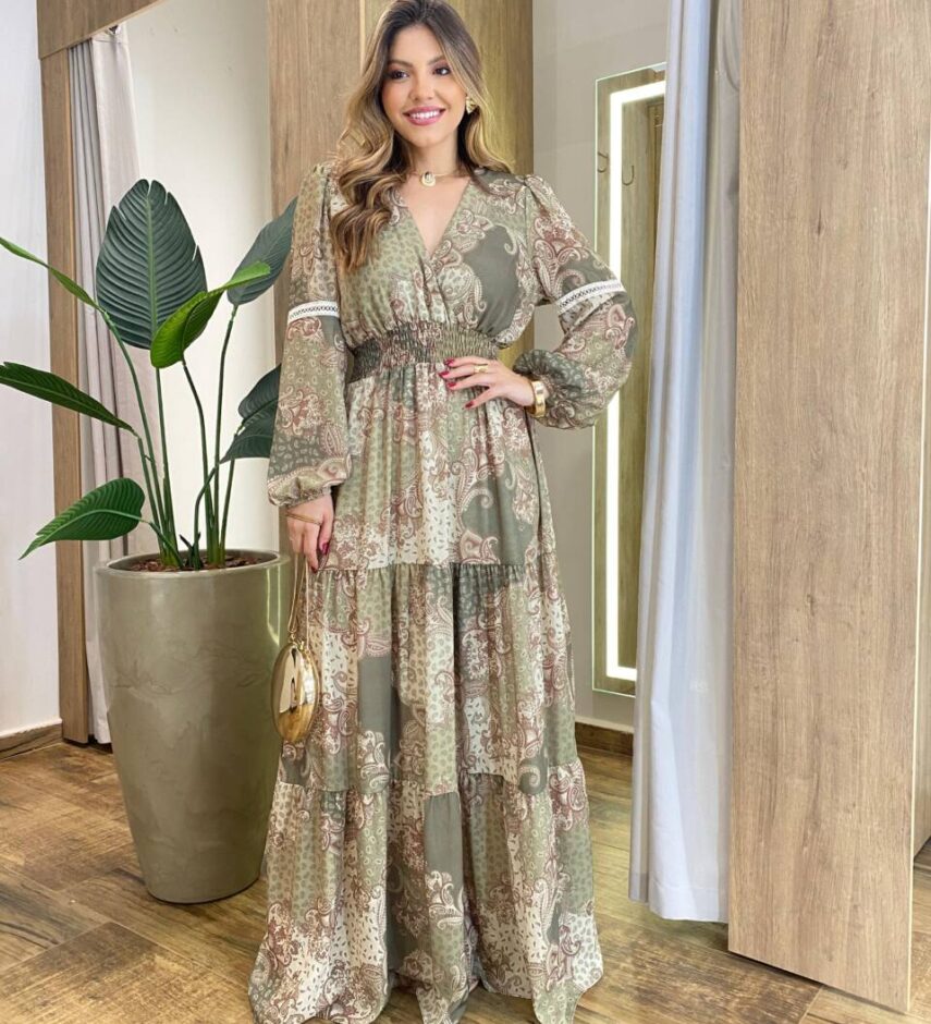 Vestido Feminino Liz Longo sem Bojo Manga Longa Estampado Verde - Fernanda Ramos Store