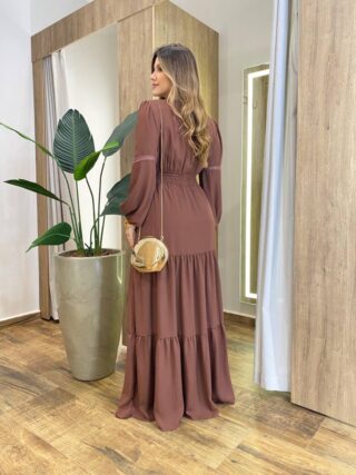Vestido Feminino Liz Longo sem Bojo Manga Longa Marrom - Fernanda Ramos Store