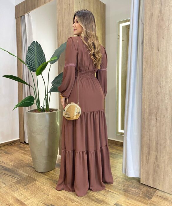 Vestido Feminino Liz Longo sem Bojo Manga Longa Marrom - Fernanda Ramos Store