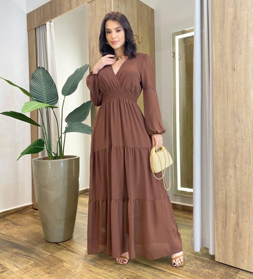 Vestido Feminino Liz Longo sem Bojo Manga Longa Marrom - Fernanda Ramos Store