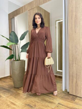 Vestido Feminino Liz Longo sem Bojo Manga Longa Marrom - Fernanda Ramos Store