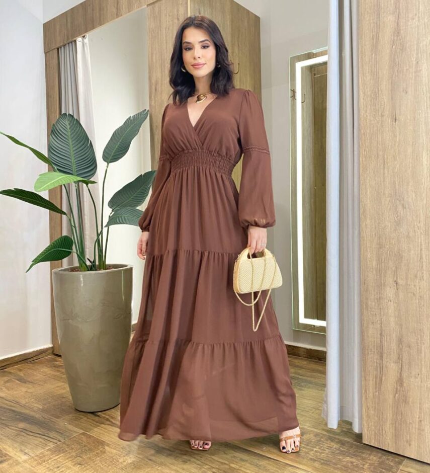 Vestido Feminino Liz Longo sem Bojo Manga Longa Marrom - Fernanda Ramos Store