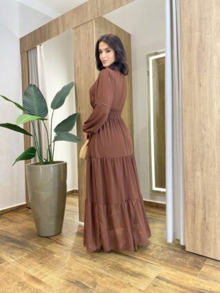 Vestido Feminino Liz Longo sem Bojo Manga Longa Marrom - Fernanda Ramos Store