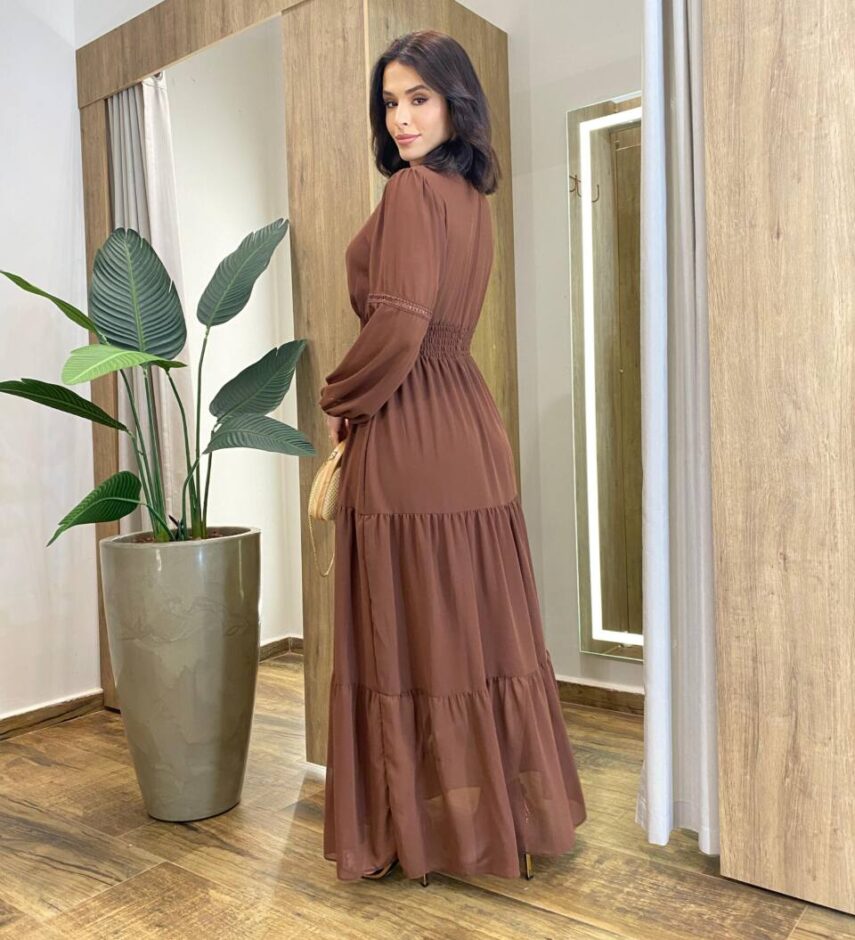 Vestido Feminino Liz Longo sem Bojo Manga Longa Marrom - Fernanda Ramos Store