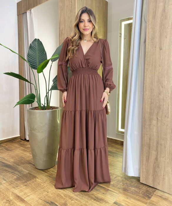 Vestido Feminino Liz Longo sem Bojo Manga Longa Marrom - Fernanda Ramos Store