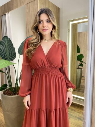 Vestido Feminino Liz Longo sem Bojo Manga Longa TerraCota - Fernanda Ramos Store
