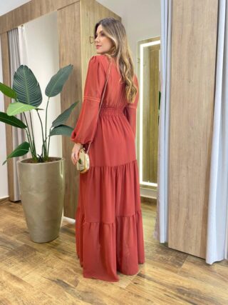 Vestido Feminino Liz Longo sem Bojo Manga Longa TerraCota - Fernanda Ramos Store