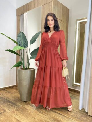 Vestido Feminino Liz Longo sem Bojo Manga Longa TerraCota - Fernanda Ramos Store