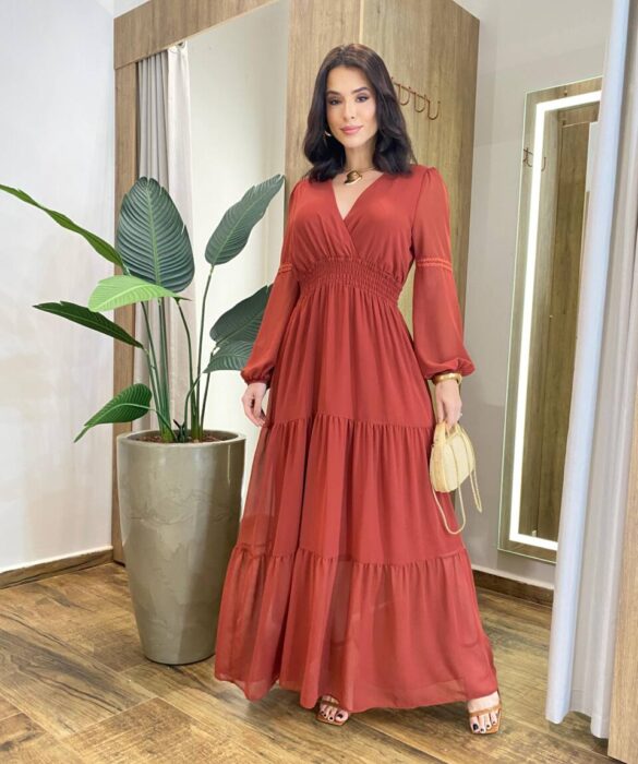 Vestido Feminino Liz Longo sem Bojo Manga Longa TerraCota - Fernanda Ramos Store
