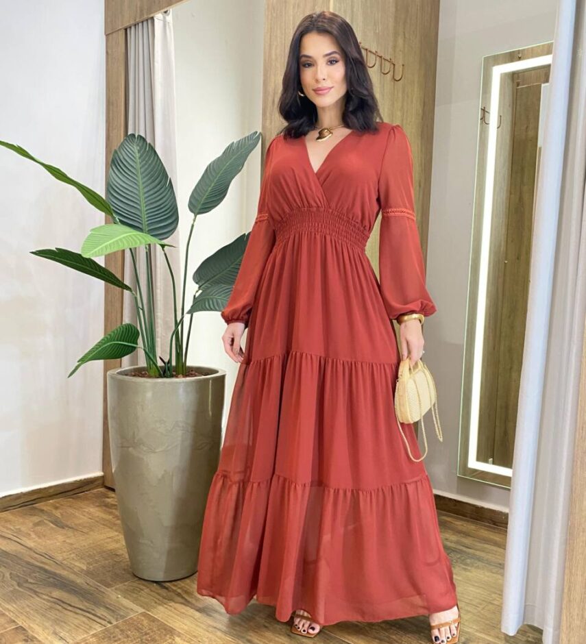 Vestido Feminino Liz Longo sem Bojo Manga Longa TerraCota - Fernanda Ramos Store
