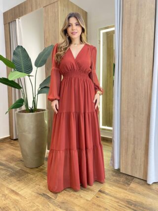 Vestido Feminino Liz Longo sem Bojo Manga Longa TerraCota - Fernanda Ramos Store