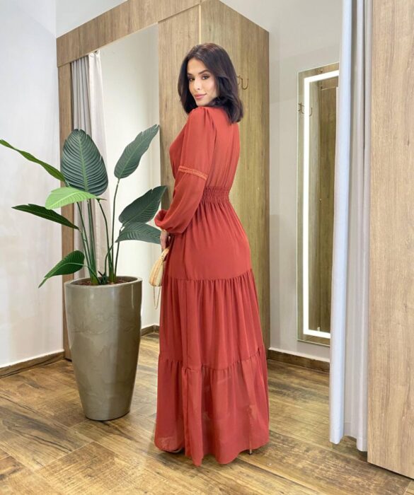 Vestido Feminino Liz Longo sem Bojo Manga Longa TerraCota - Fernanda Ramos Store