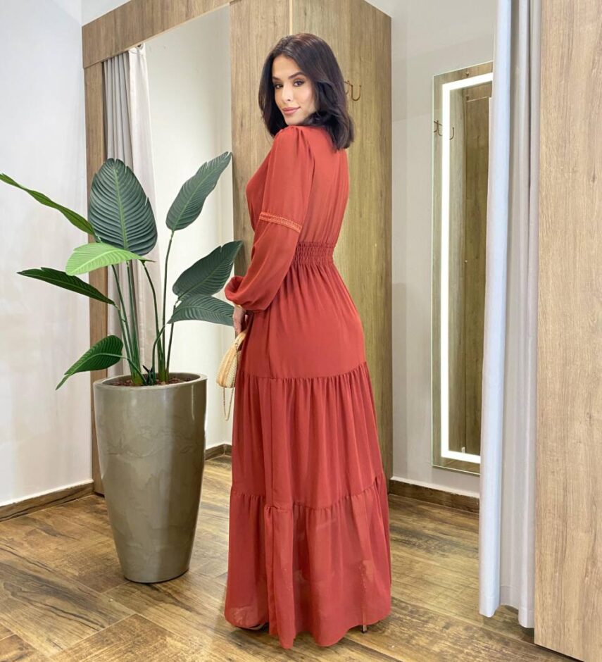 Vestido Feminino Liz Longo sem Bojo Manga Longa TerraCota - Fernanda Ramos Store