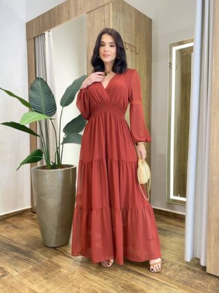Vestido Feminino Liz Longo sem Bojo Manga Longa TerraCota - Fernanda Ramos Store