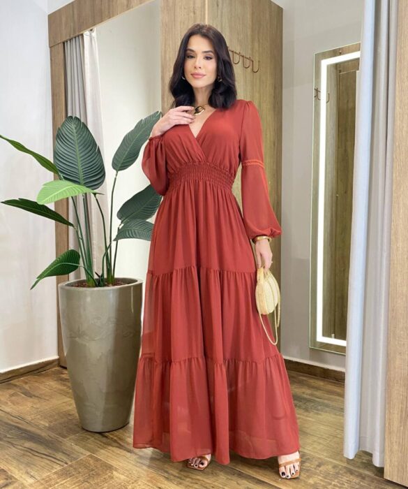 Vestido Feminino Liz Longo sem Bojo Manga Longa TerraCota - Fernanda Ramos Store