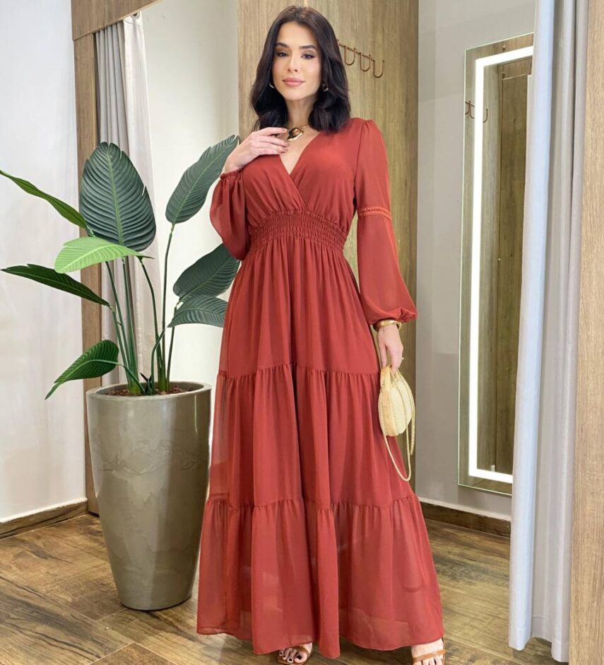 Vestido Feminino Liz Longo sem Bojo Manga Longa TerraCota - Fernanda Ramos Store