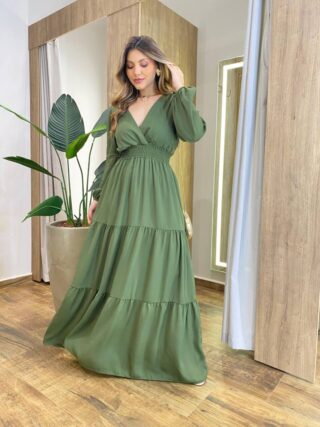 Vestido Feminino Liz Longo sem Bojo Manga Longa Verde - Fernanda Ramos Store