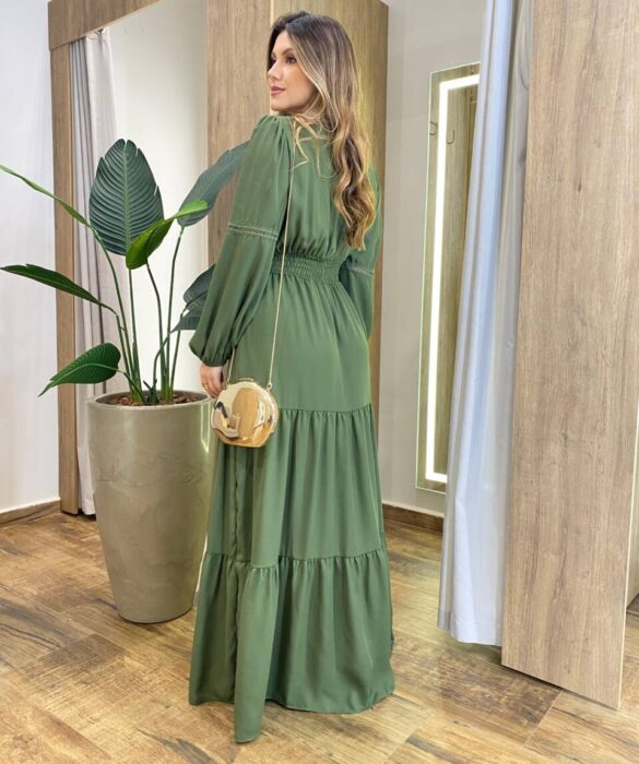 Vestido Feminino Liz Longo sem Bojo Manga Longa Verde - Fernanda Ramos Store