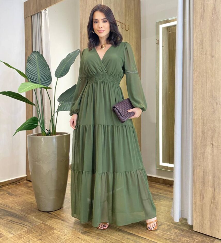 Vestido Feminino Liz Longo sem Bojo Manga Longa Verde - Fernanda Ramos Store