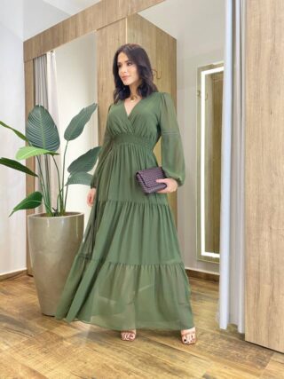 Vestido Feminino Liz Longo sem Bojo Manga Longa Verde - Fernanda Ramos Store