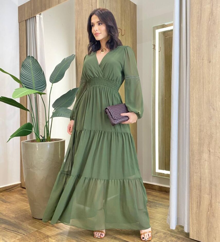 Vestido Feminino Liz Longo sem Bojo Manga Longa Verde - Fernanda Ramos Store