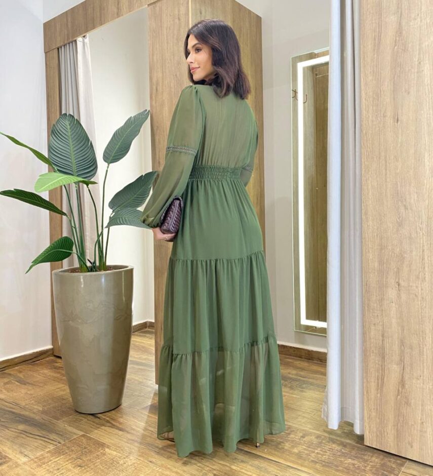 Vestido Feminino Liz Longo sem Bojo Manga Longa Verde - Fernanda Ramos Store