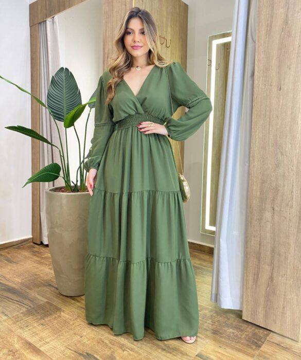 Vestido Feminino Liz Longo sem Bojo Manga Longa Verde - Fernanda Ramos Store