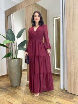 Vestido Feminino Liz Longo sem Bojo Manga Longa Vinho - Fernanda Ramos Store