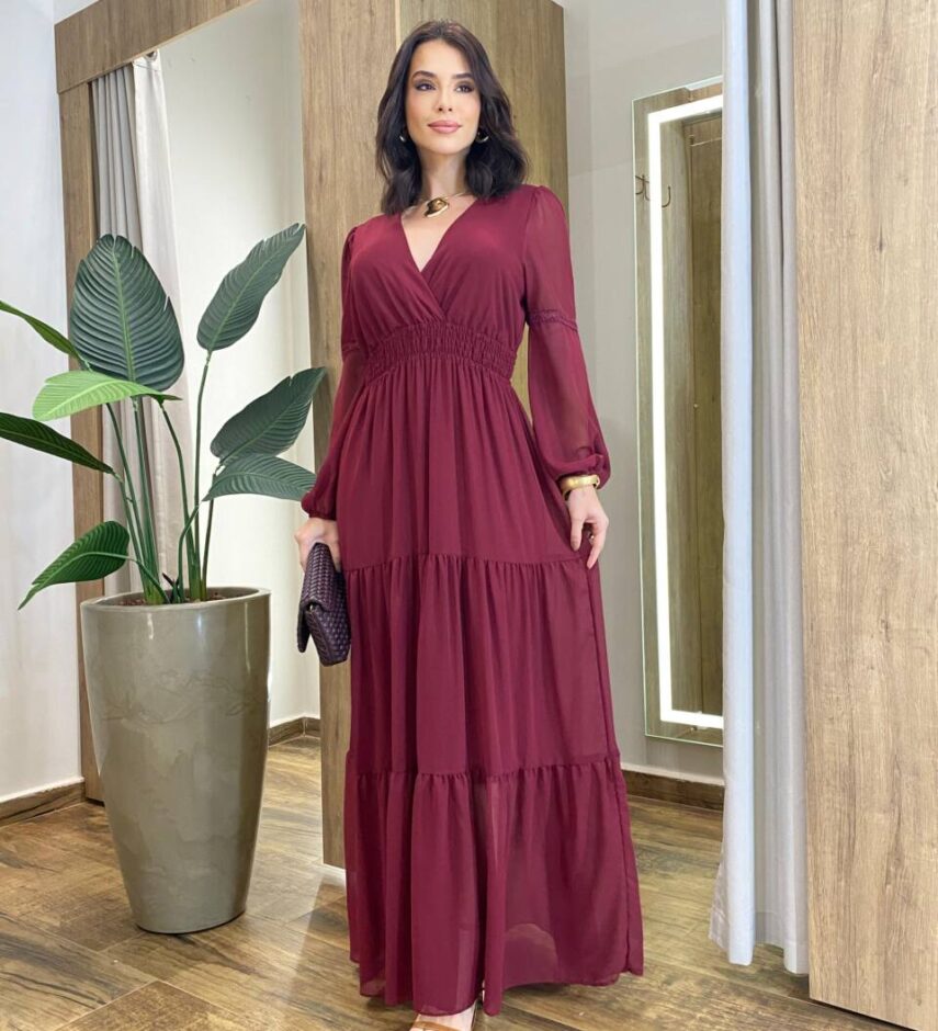 Vestido Feminino Liz Longo sem Bojo Manga Longa Vinho - Fernanda Ramos Store
