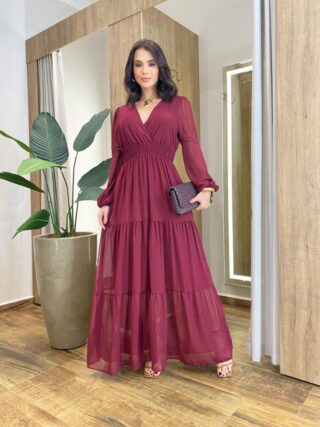 Vestido Feminino Liz Longo sem Bojo Manga Longa Vinho - Fernanda Ramos Store