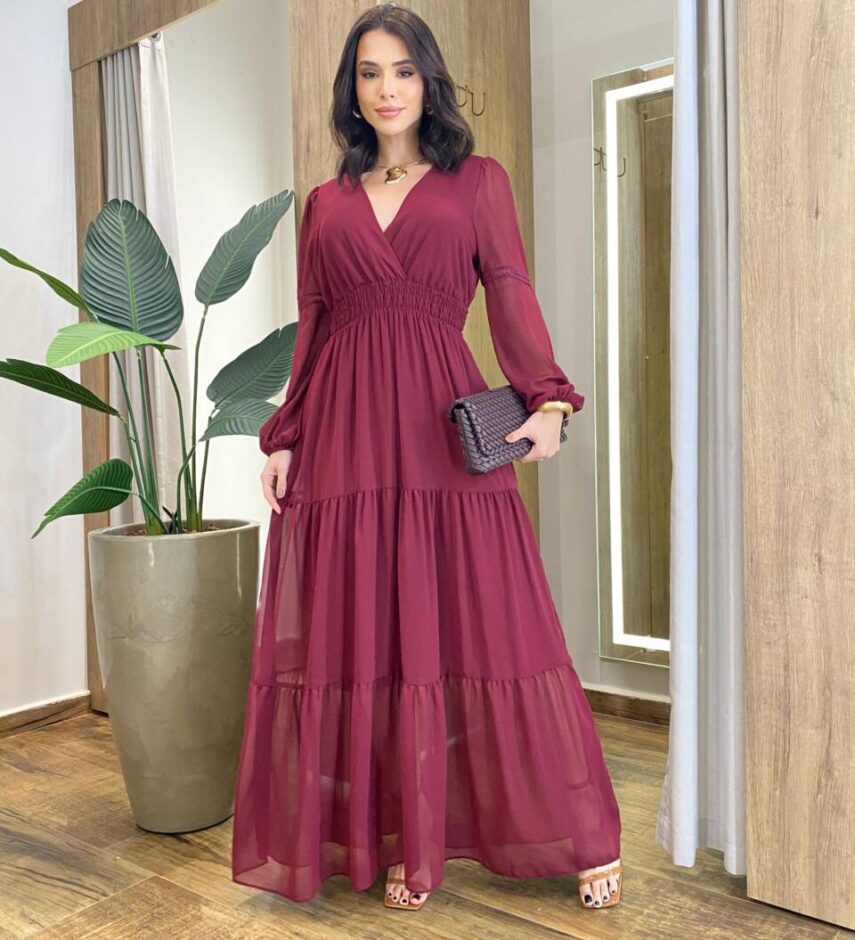 Vestido Feminino Liz Longo sem Bojo Manga Longa Vinho - Fernanda Ramos Store