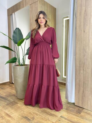 Vestido Feminino Liz Longo sem Bojo Manga Longa Vinho - Fernanda Ramos Store