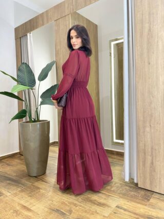 Vestido Feminino Liz Longo sem Bojo Manga Longa Vinho - Fernanda Ramos Store