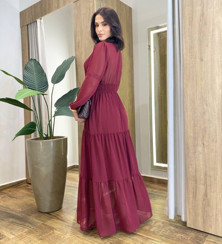 Vestido Feminino Liz Longo sem Bojo Manga Longa Vinho - Fernanda Ramos Store