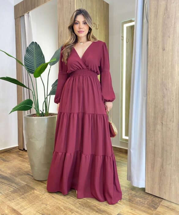 Vestido Feminino Liz Longo sem Bojo Manga Longa Vinho - Fernanda Ramos Store