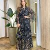 Vestido Feminino Longo sem Bojo Manga Longa Tule Estampado Preto - Fernanda Ramos Store