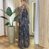Vestido Feminino Longo sem Bojo Manga Longa Tule Estampado Preto - Fernanda Ramos Store