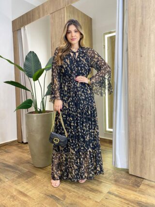 Vestido Feminino Longo sem Bojo Manga Longa Tule Estampado Preto - Fernanda Ramos Store