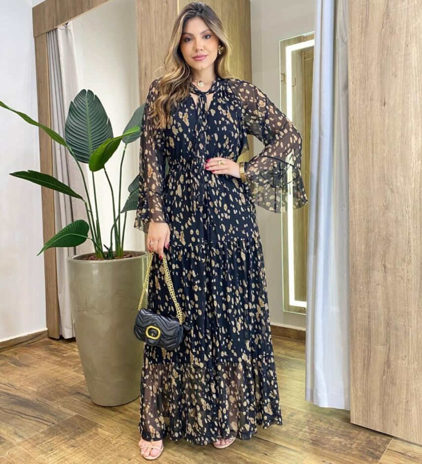 Vestido Feminino Longo sem Bojo Manga Longa Tule Estampado Preto - Fernanda Ramos Store