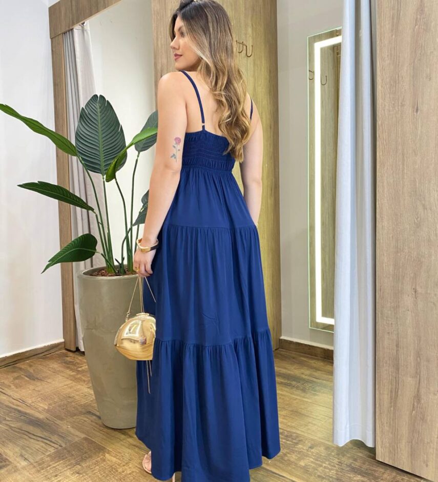 Vestido Feminino Longo Serena sem Bojo Alça Regulável Azul Marinho - Fernanda Ramos Store