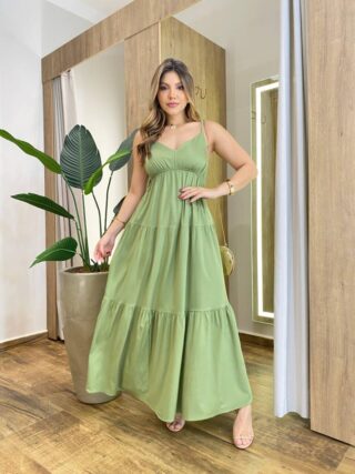 Vestido Feminino Longo Serena sem Bojo Alça Regulável Verde Oliva - Fernanda Ramos Store