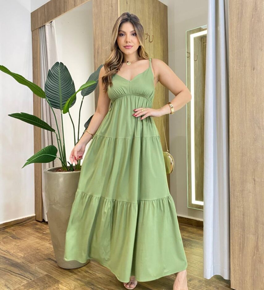 Vestido Feminino Longo Serena sem Bojo Alça Regulável Verde Oliva - Fernanda Ramos Store