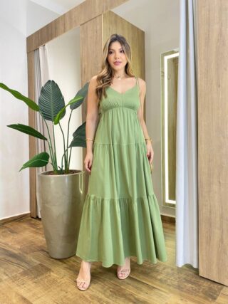 Vestido Feminino Longo Serena sem Bojo Alça Regulável Verde Oliva - Fernanda Ramos Store