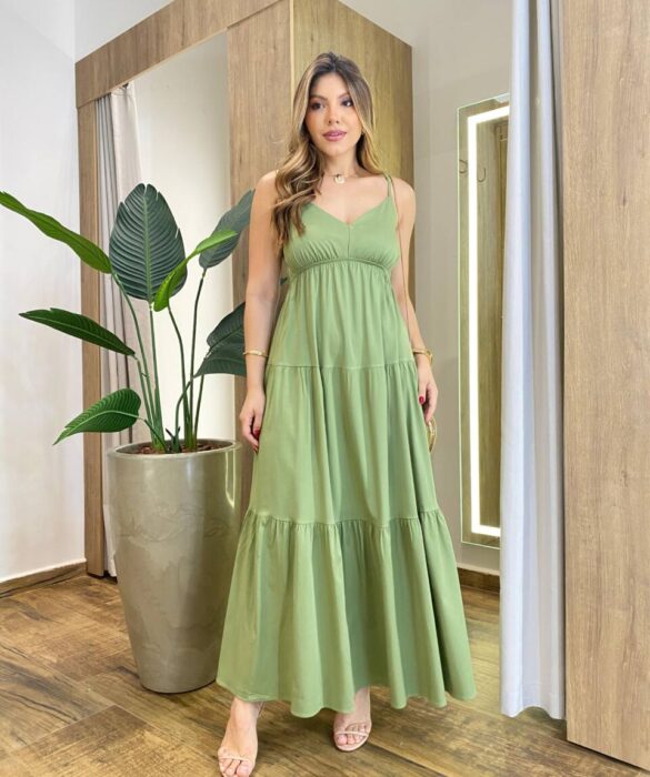 Vestido Feminino Longo Serena sem Bojo Alça Regulável Verde Oliva - Fernanda Ramos Store