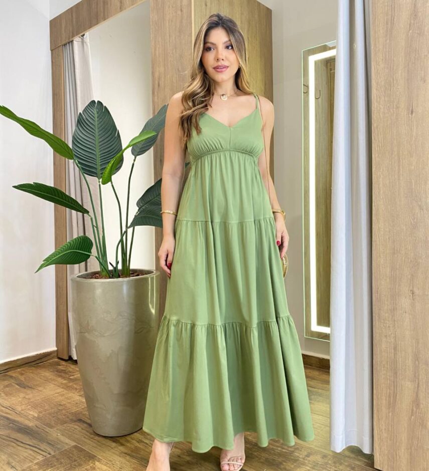 Vestido Feminino Longo Serena sem Bojo Alça Regulável Verde Oliva - Fernanda Ramos Store