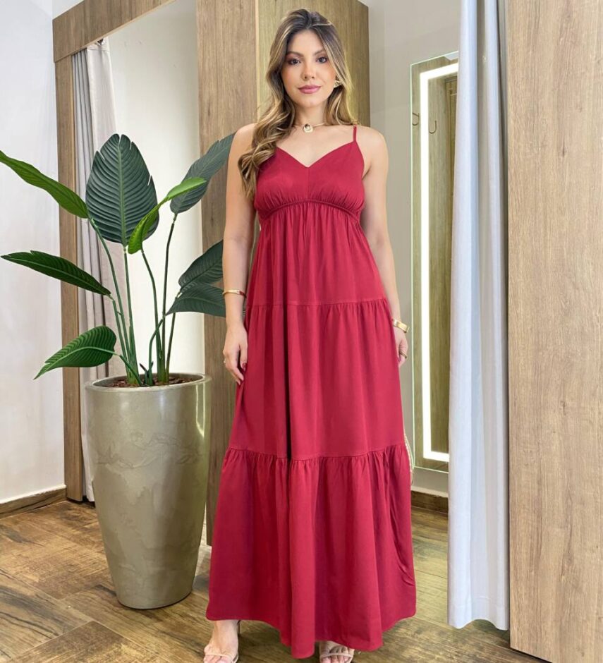 Vestido Feminino Longo Serena sem Bojo Alça Regulável Vermelho - Fernanda Ramos Store